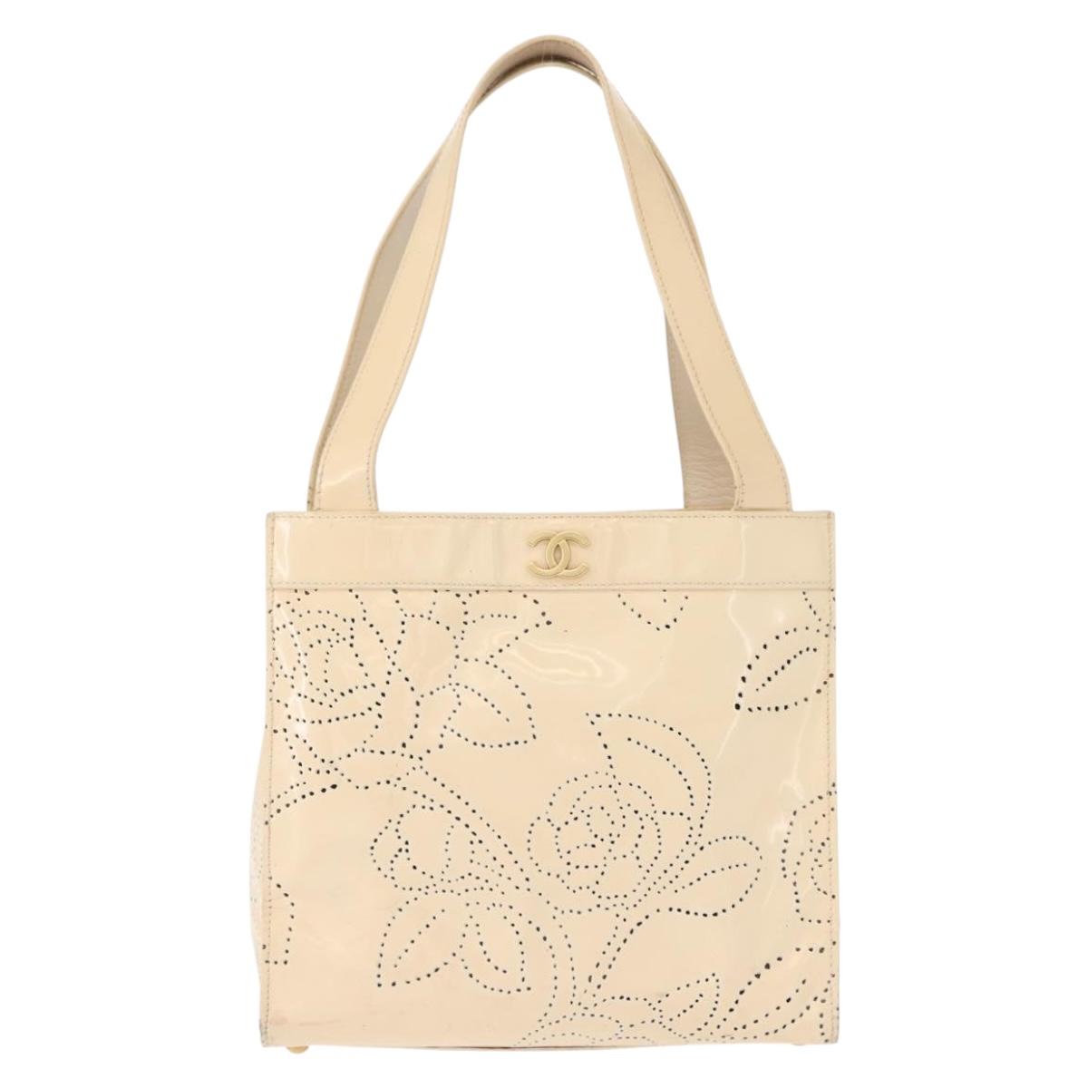 CHANEL Camelia Tote Bag Patent leather Beige Gold CC Auth 149325