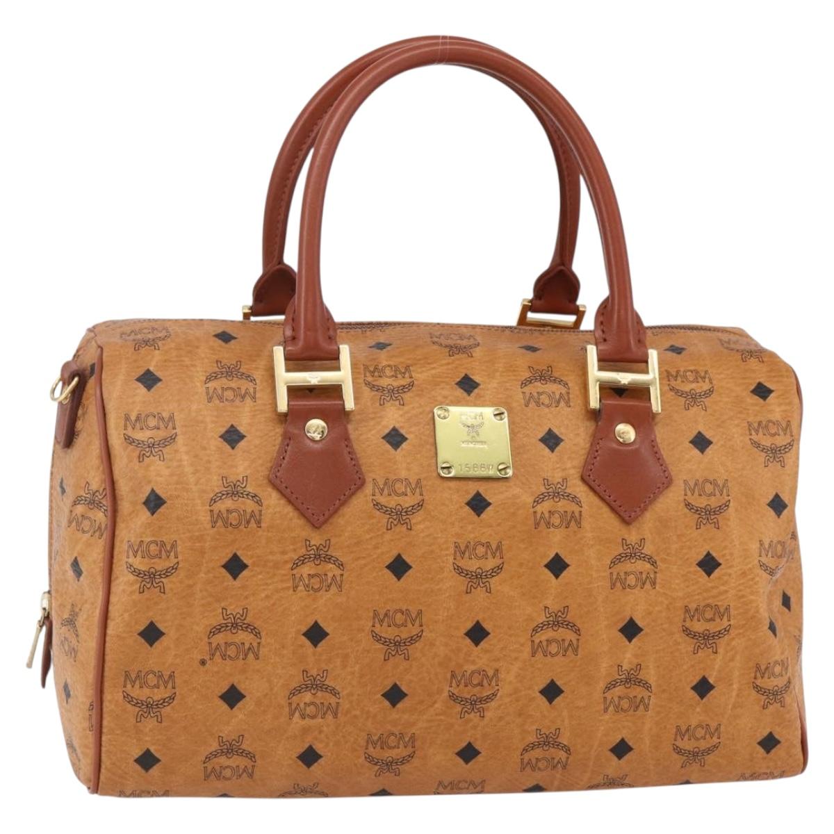 MCM Logogram Vicetos Boston Bag PVC Leather Brown Gold Auth 149334