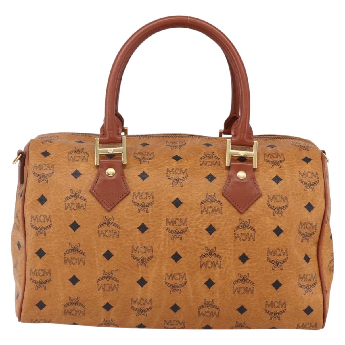 MCM Logogram Vicetos Boston Bag PVC Leather Brown Gold Auth 149334