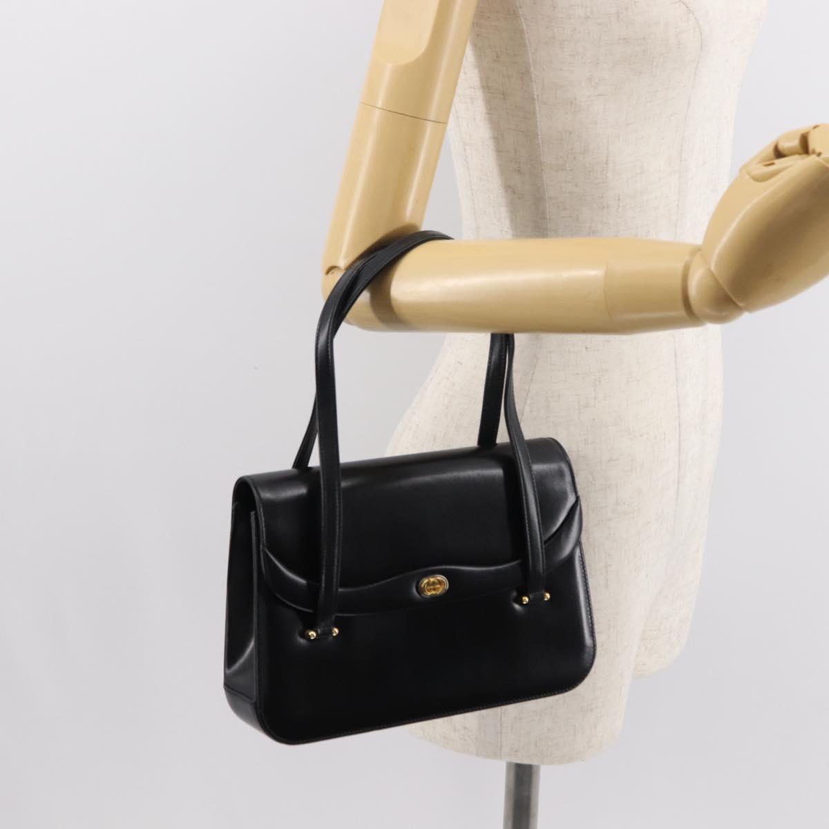 GUCCI Hand Bag Leather Black Gold Auth 149354