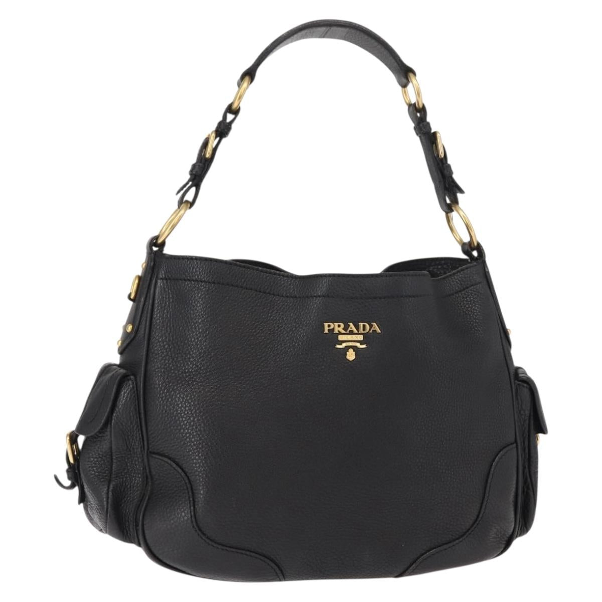 PRADA Shoulder Bag Leather Black Gold Auth 149362