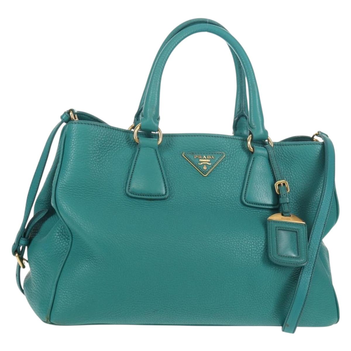 PRADA Hand Bag Leather 2way Gold Emerald Green Auth 149365