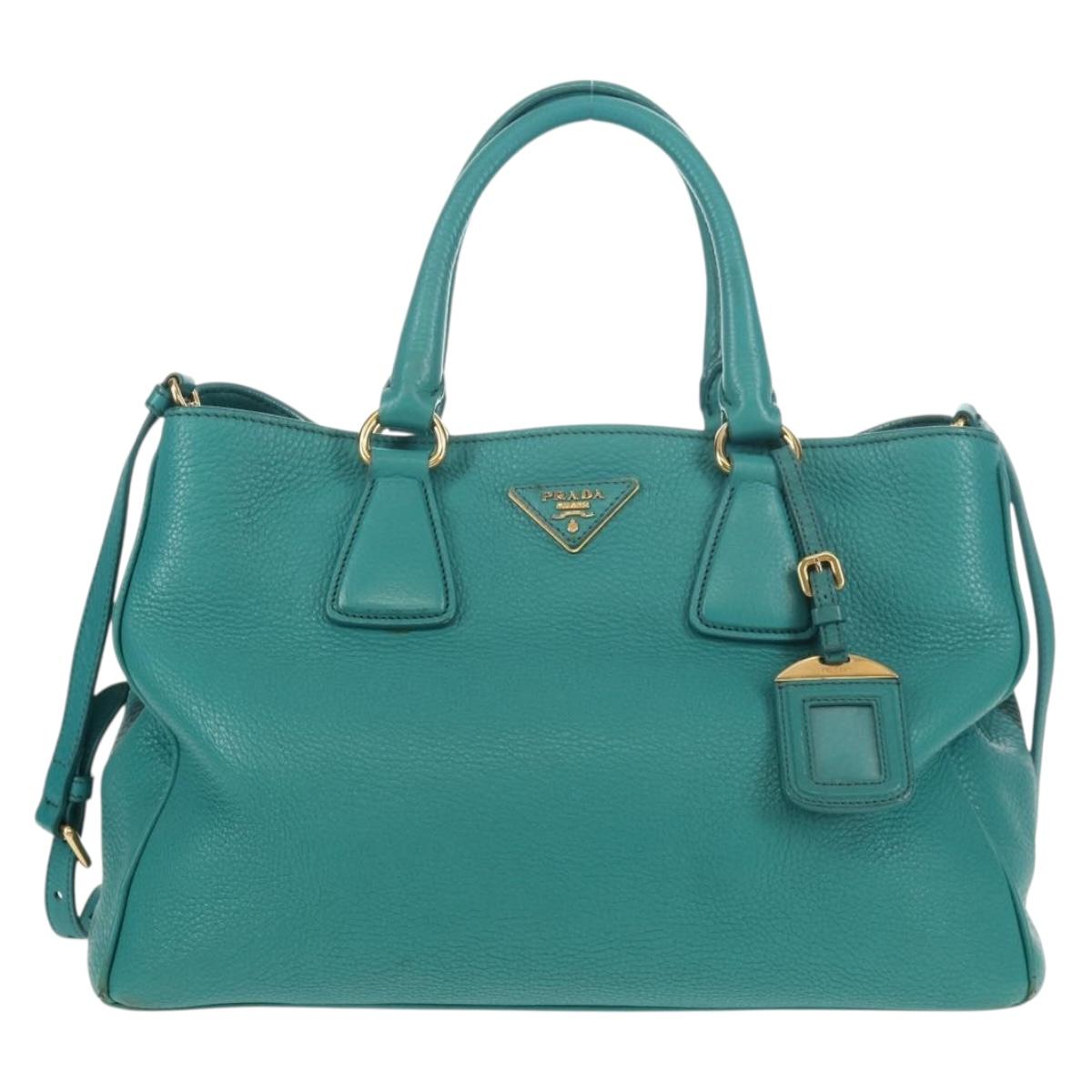 PRADA Hand Bag Leather 2way Gold Emerald Green Auth 149365