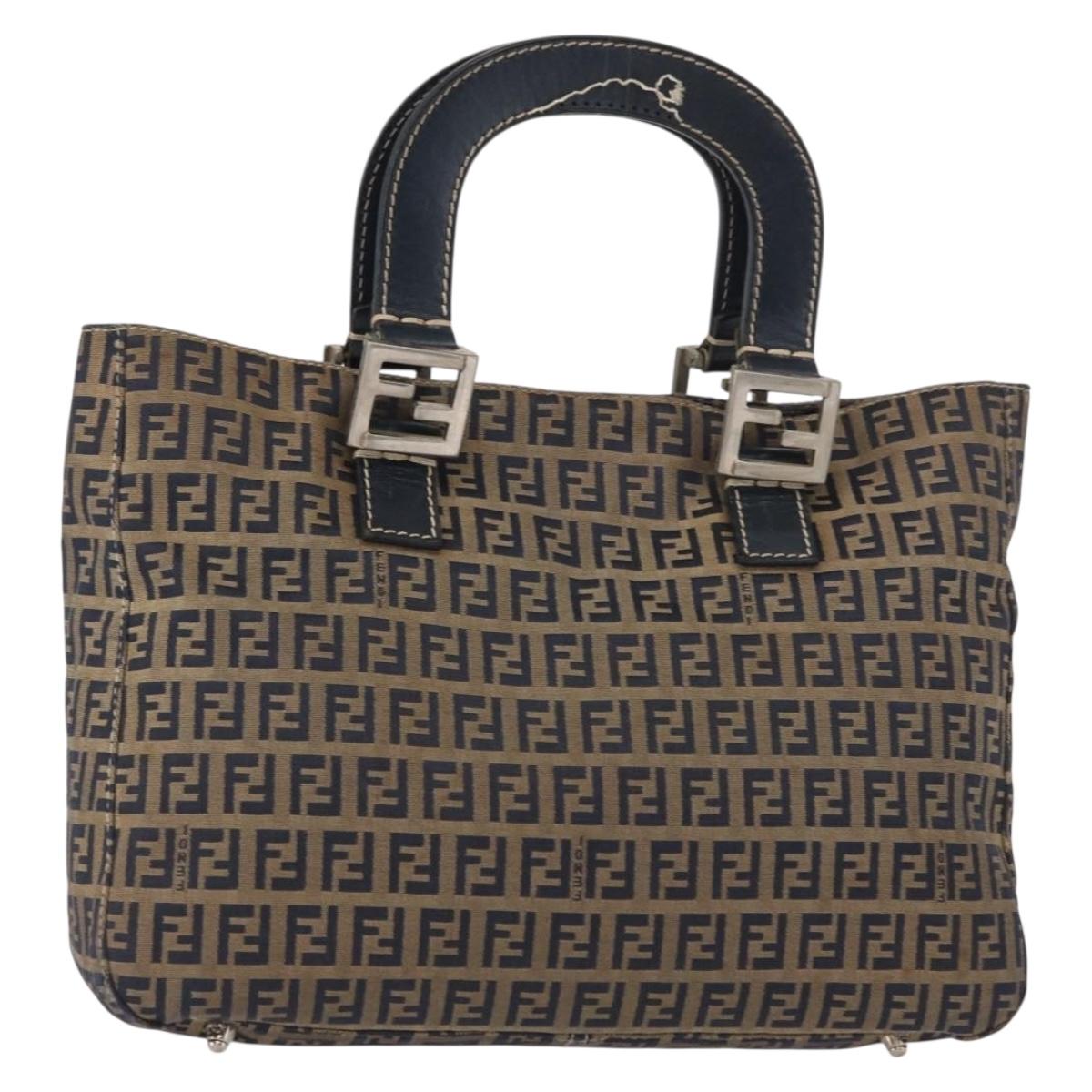 FENDI Zucchino Canvas Hand Bag Navy Silver Auth 149376