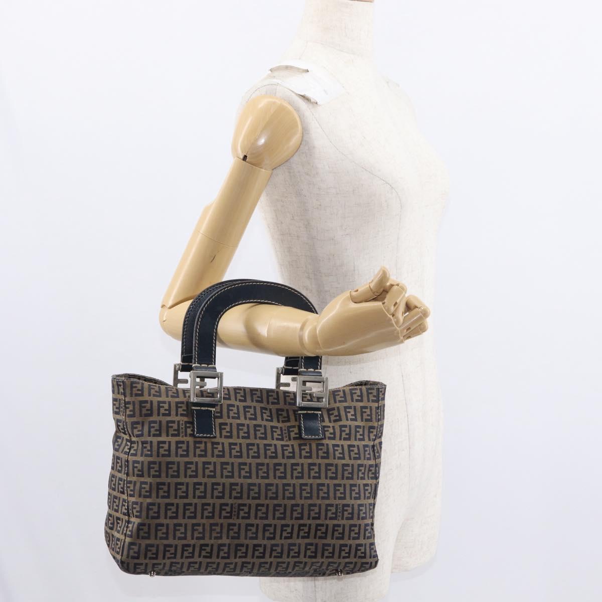 FENDI Zucchino Canvas Hand Bag Navy Silver Auth 149376