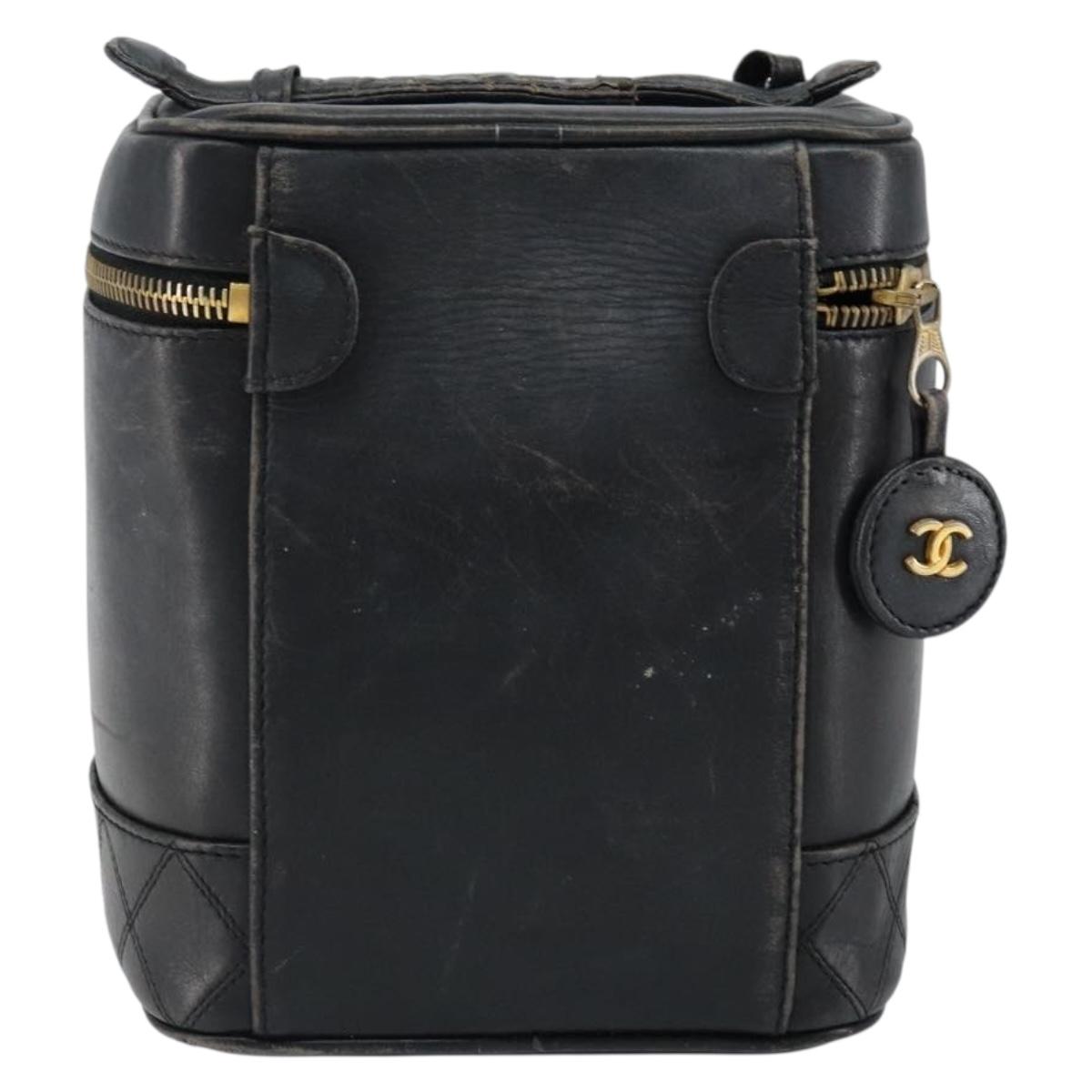 CHANEL Bicolore Vanity Bag Lamb Skin Black Gold CC Auth 149400