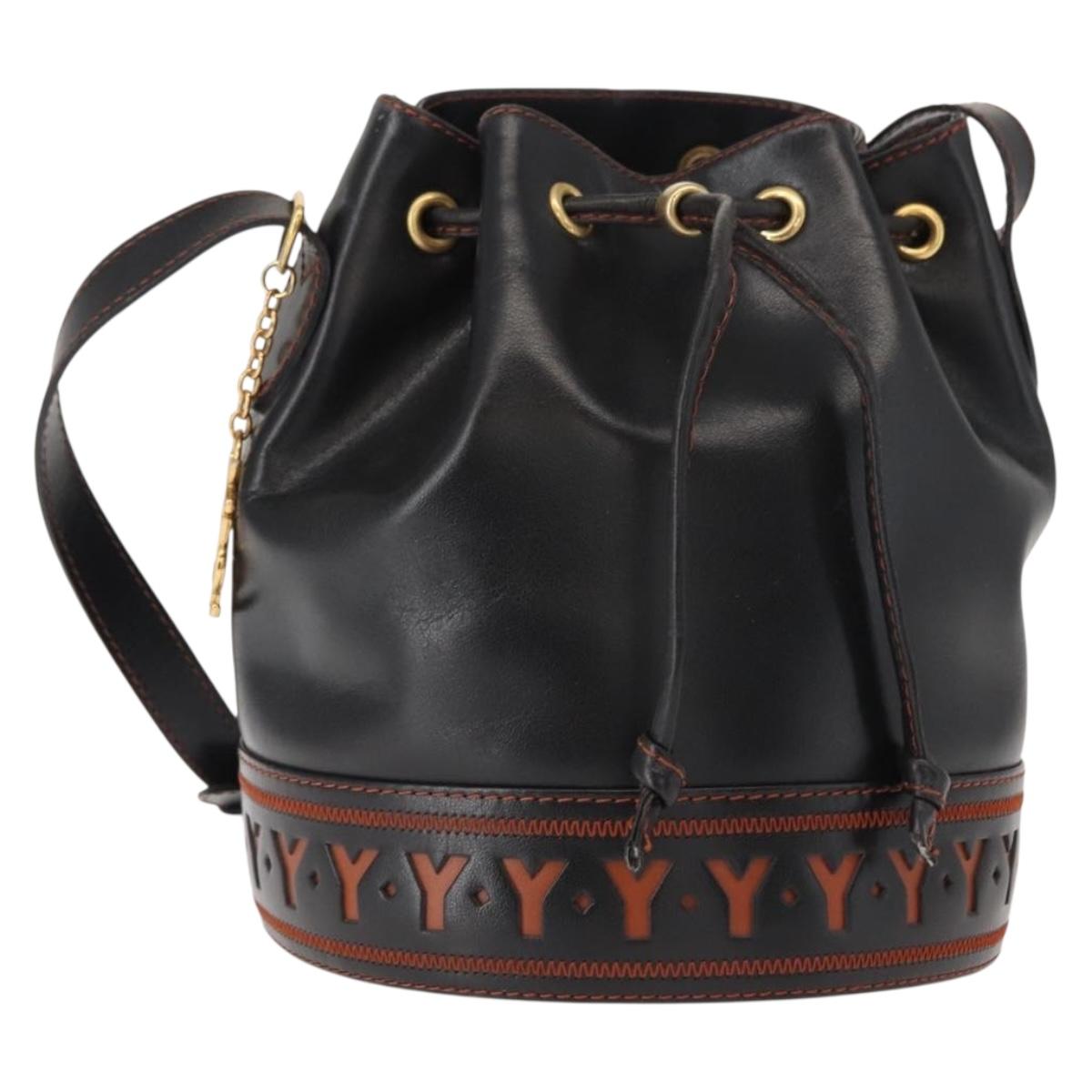 SAINT LAURENT Y Motif Shoulder Bag Leather Black Gold Auth 149413