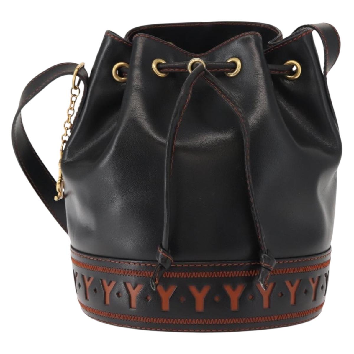 SAINT LAURENT Y Motif Shoulder Bag Leather Black Gold Auth 149413