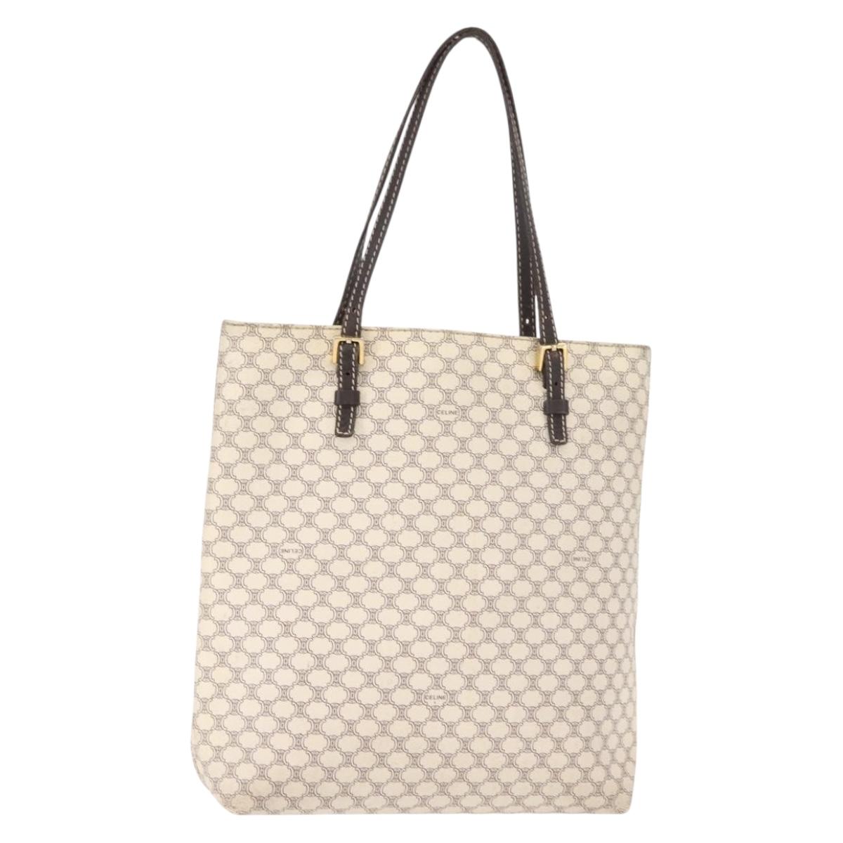 CELINE Macadam Canvas Tote Bag PVC Leather White Gold Auth 149420