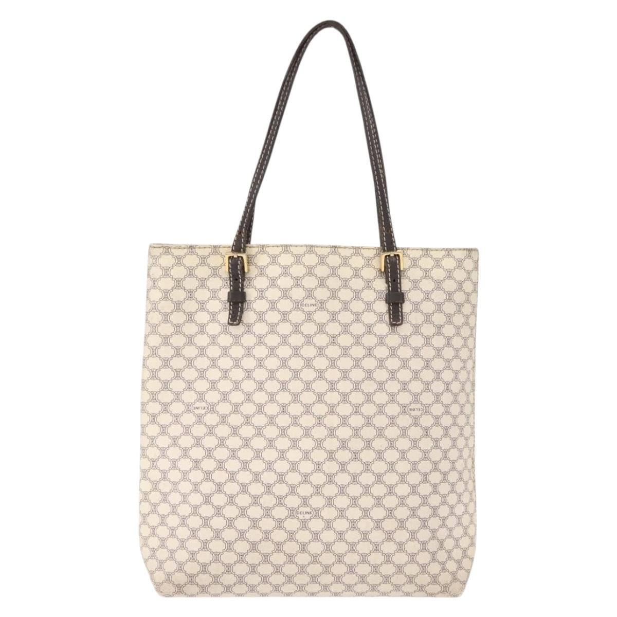 CELINE Macadam Canvas Tote Bag PVC Leather White Gold Auth 149420