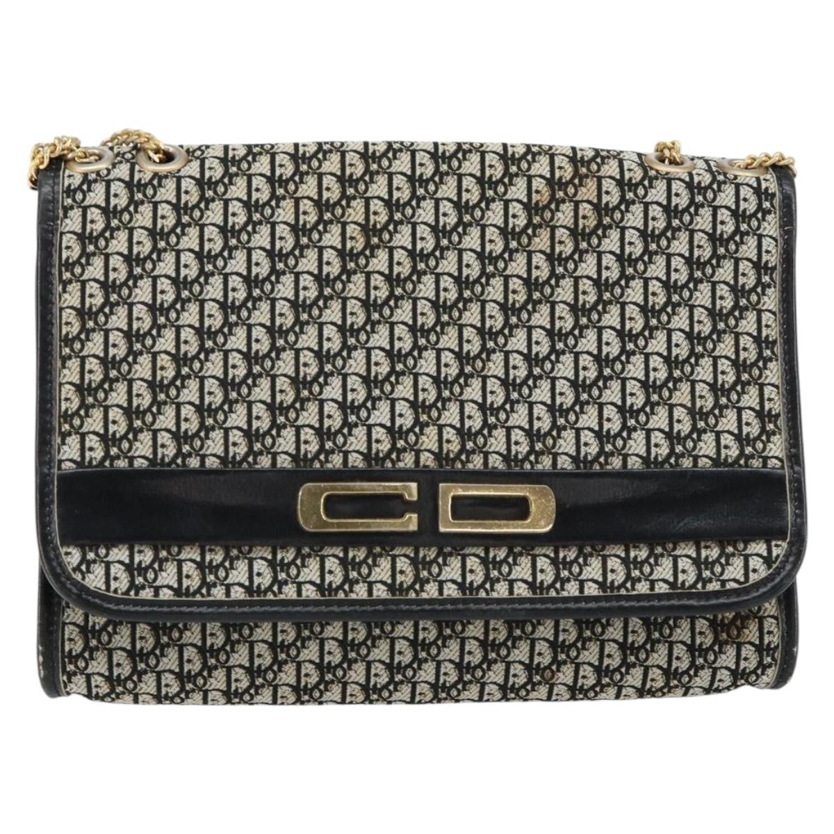 Christian Dior Trotter Canvas Chain Shoulder Bag Black Gold Auth 149437