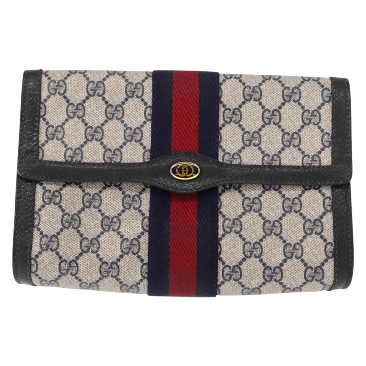 GUCCI GG Supreme Sherry Line Clutch Bag PVC Leather Navy 84 01 006 Auth 149456