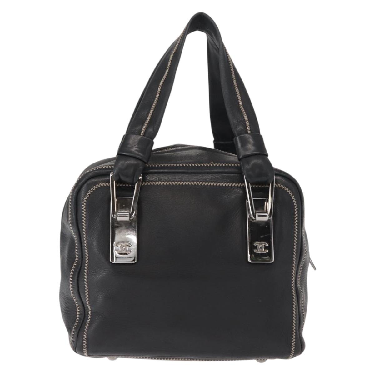 CHANEL COCO Mark Hand Bag Leather Black Silver CC Auth 149457