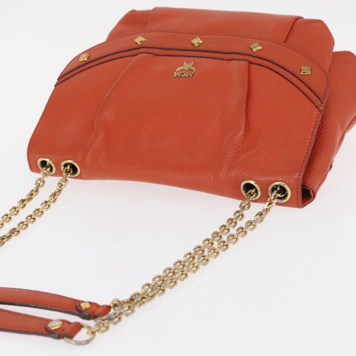 MCM Studs Chain Shoulder Bag Leather Orange Gold Auth 149467
