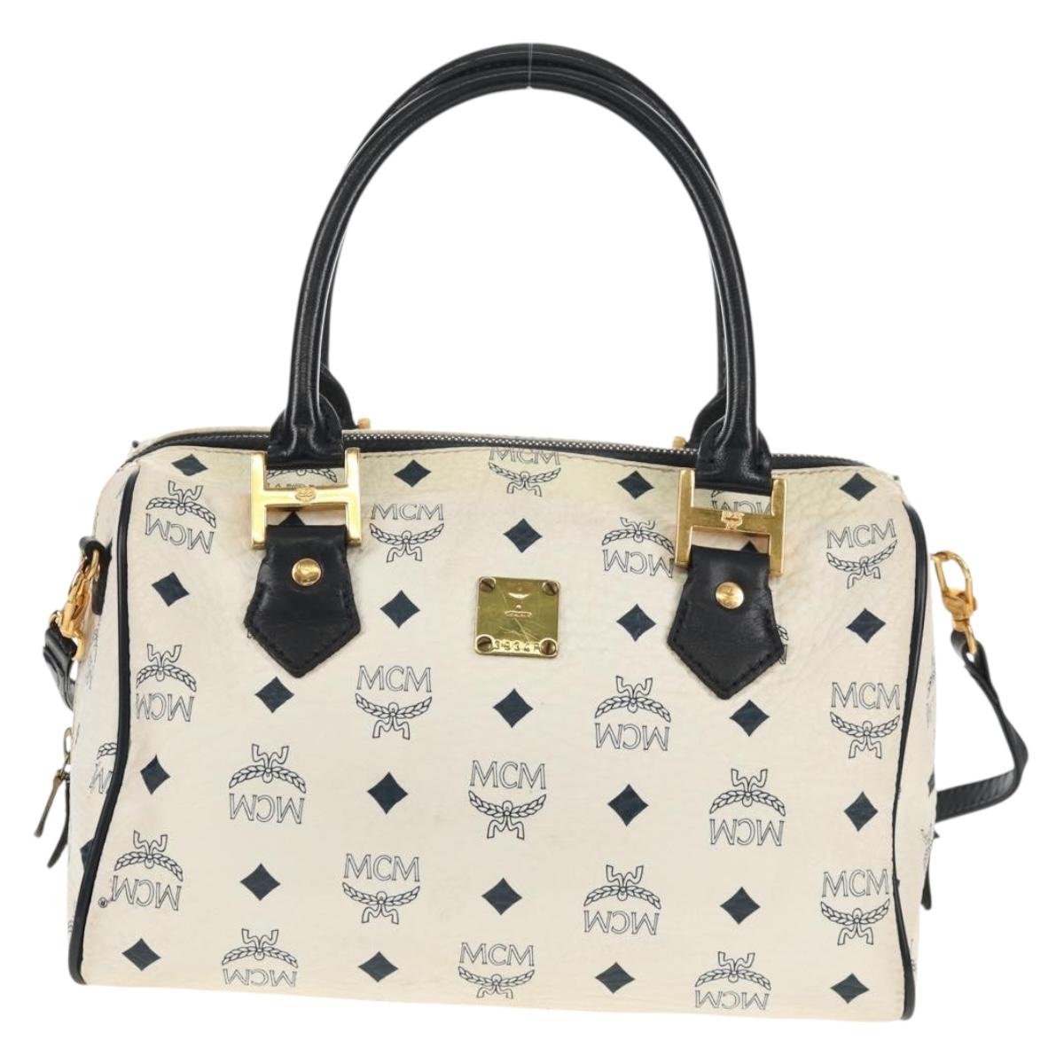 MCM Logogram Vicetos Hand Bag PVC 2way White Gold Auth 149478