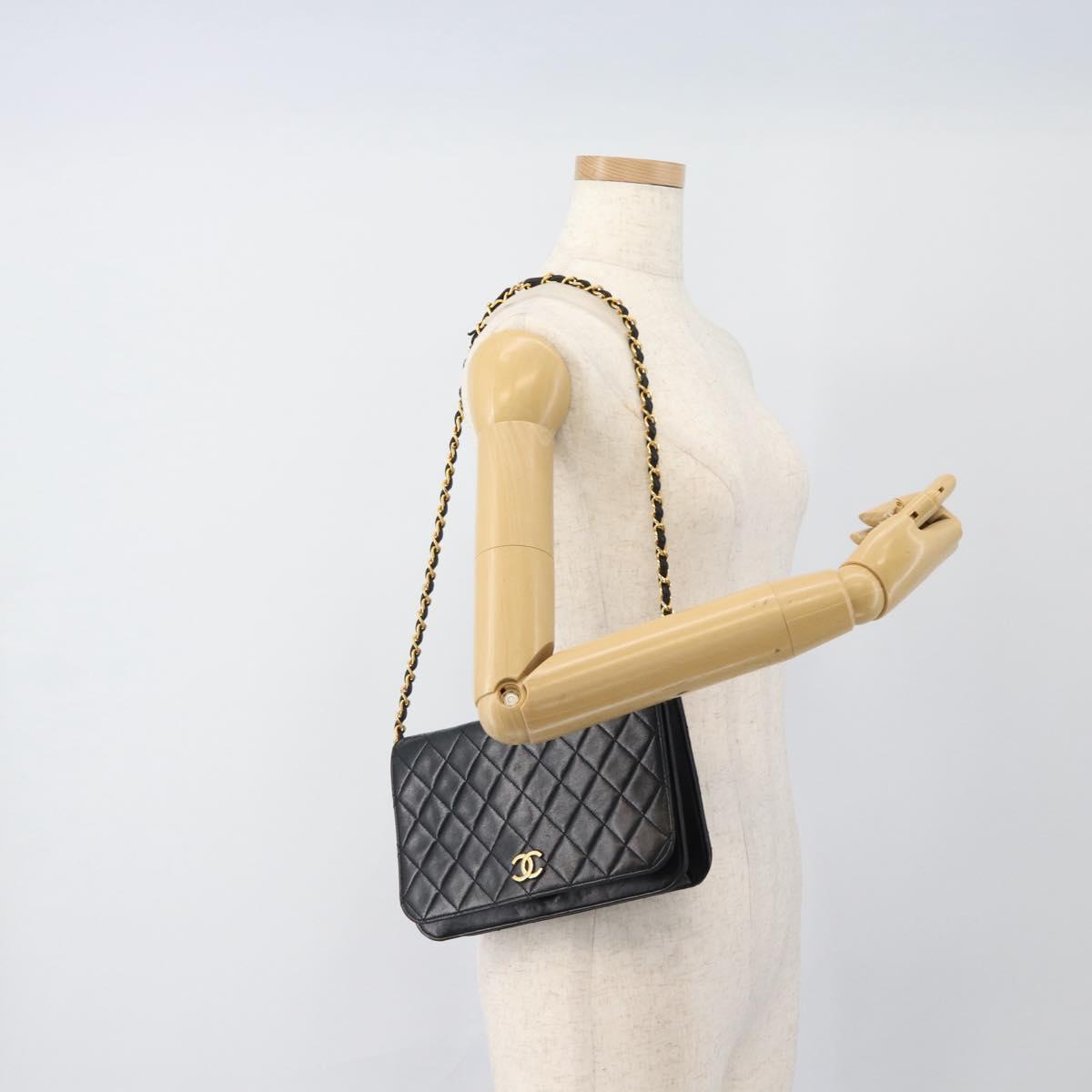 CHANEL Matelasse Chain Shoulder Bag Lamb Skin Black Gold CC Auth 149481