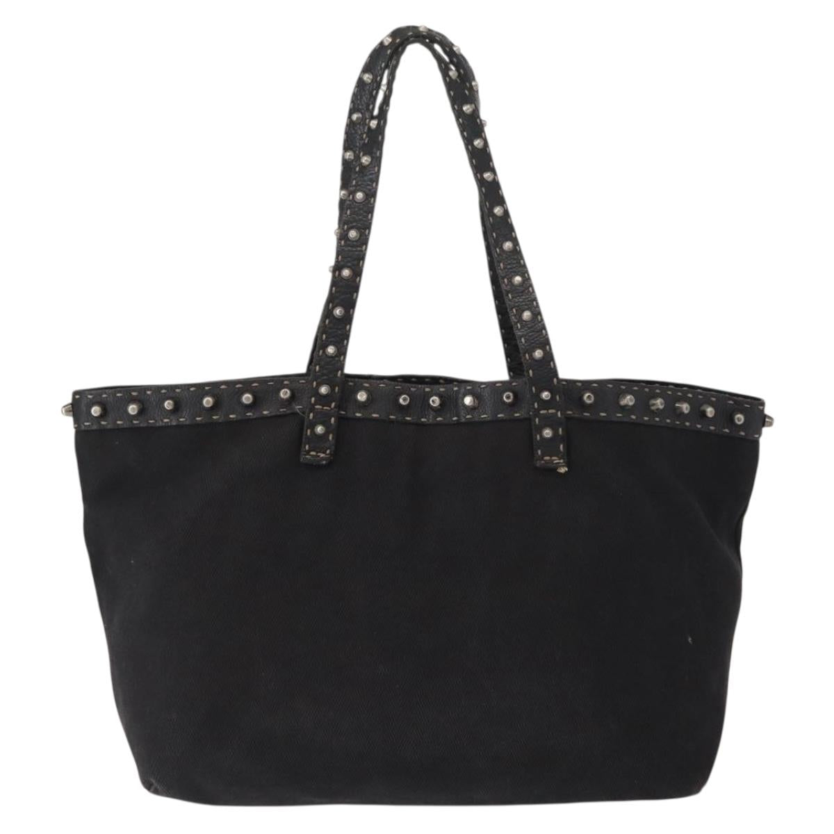 FENDI Studs Celeria Tote Bag Canvas Black Silver Auth 149482