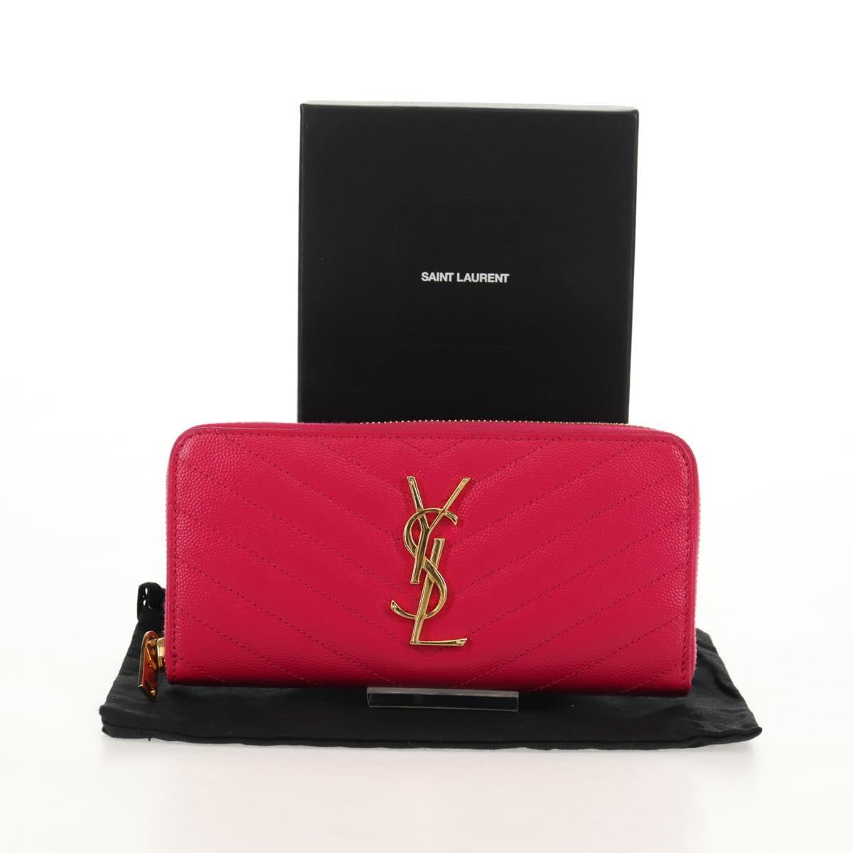 SAINT LAURENT V Stitch Long Wallet Leather Pink CC Auth 149493M