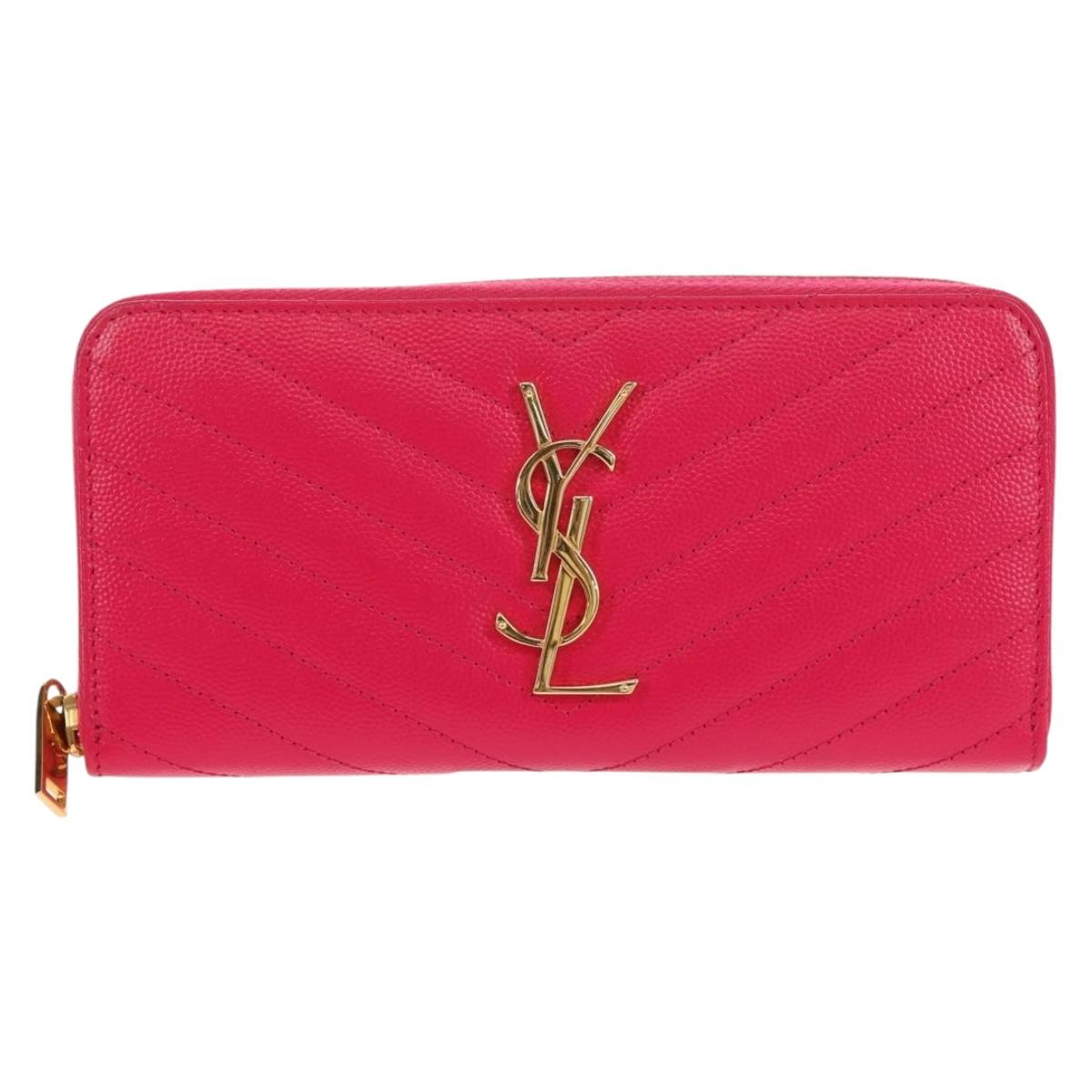 SAINT LAURENT V Stitch Long Wallet Leather Pink CC Auth 149493M