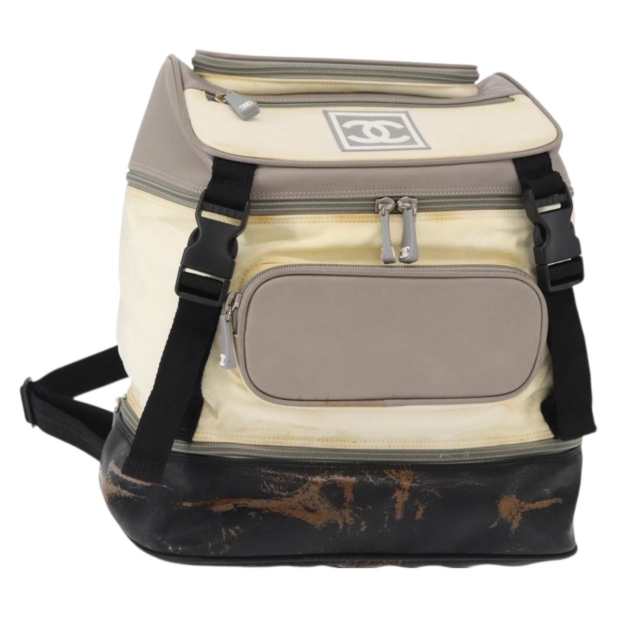 CHANEL Sports Line COCO Mark Backpack Nylon Leather White Silver CC Auth 149508