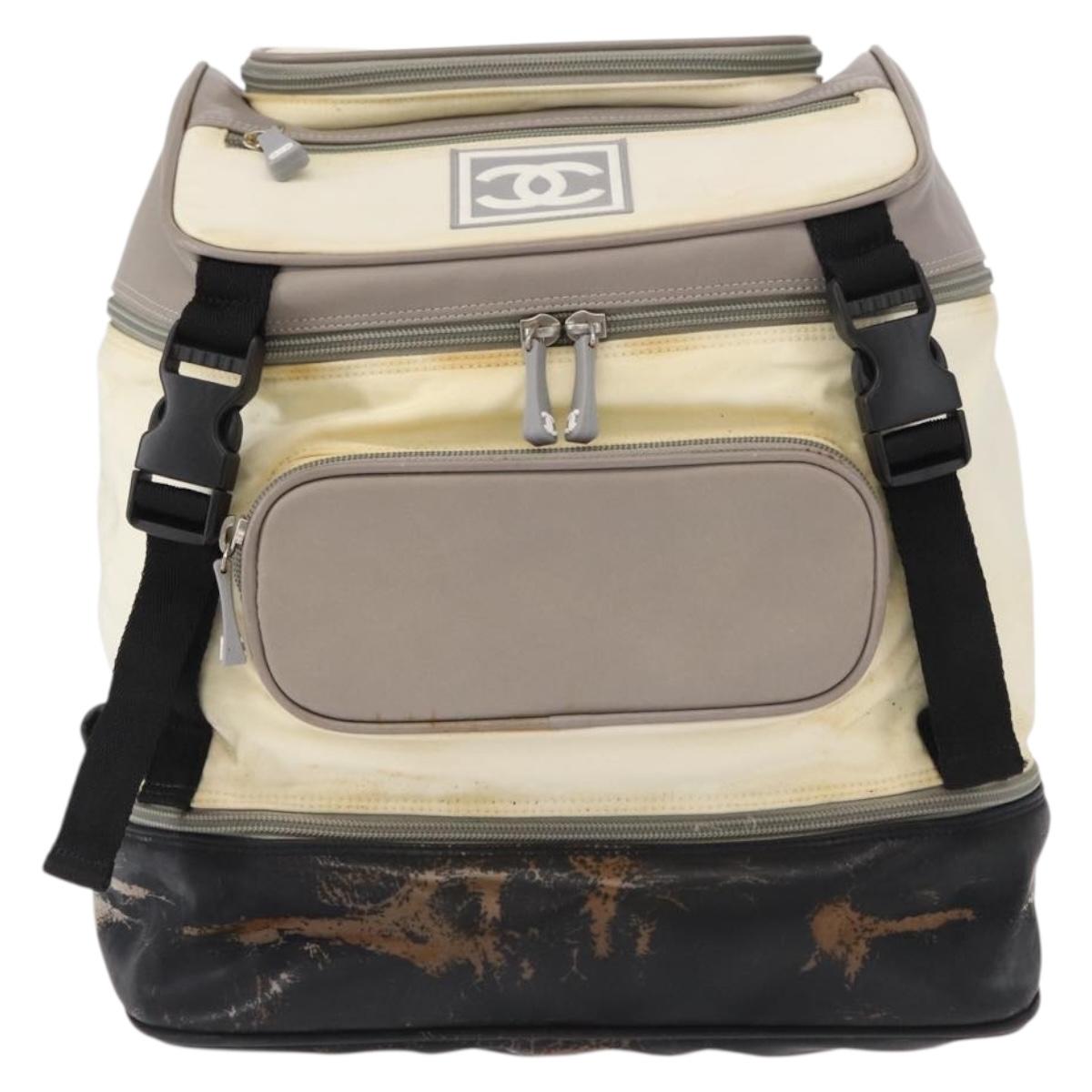 CHANEL Sports Line COCO Mark Backpack Nylon Leather White Silver CC Auth 149508