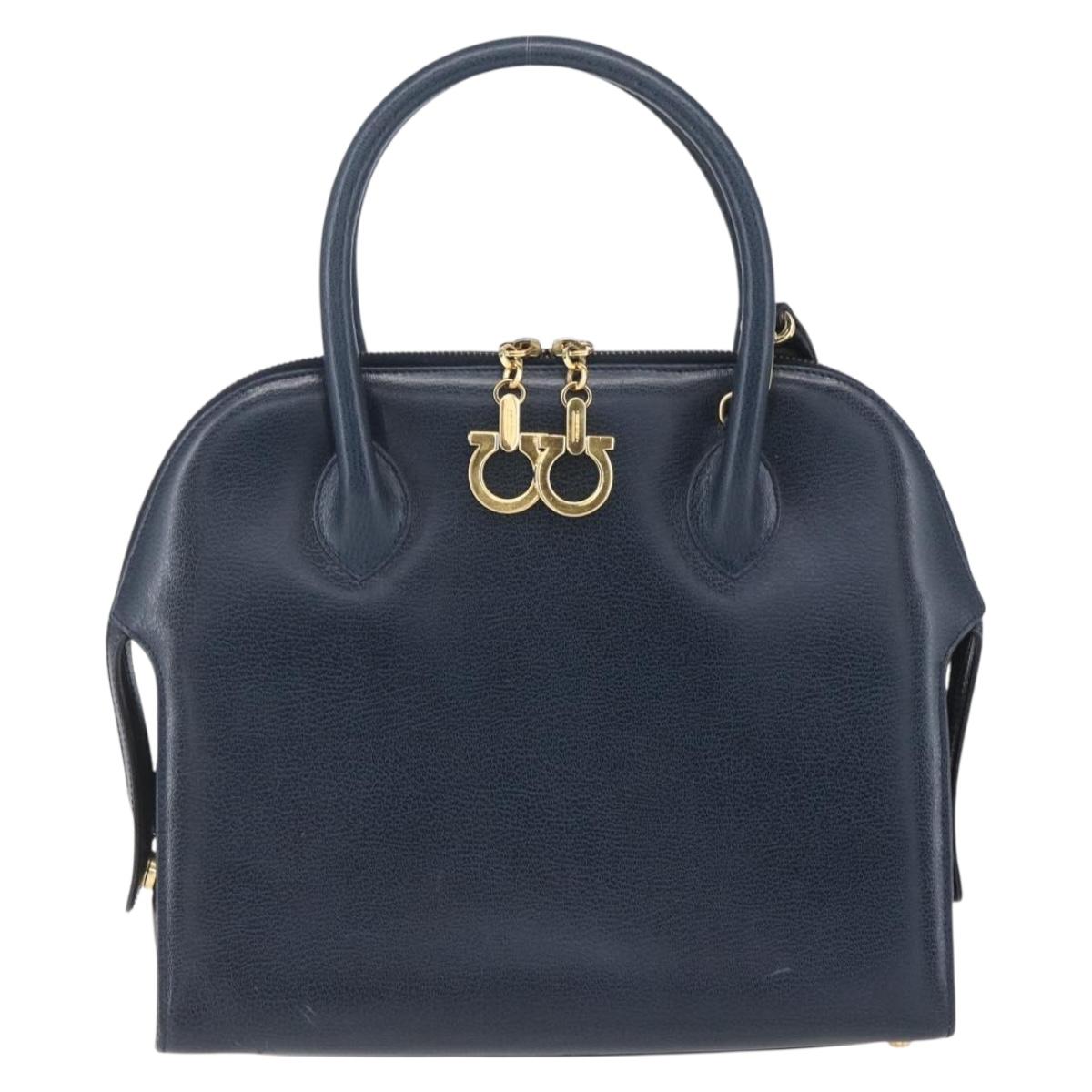 Salvatore Ferragamo Gancini Hand Bag Leather 2way Navy Gold Auth 149521
