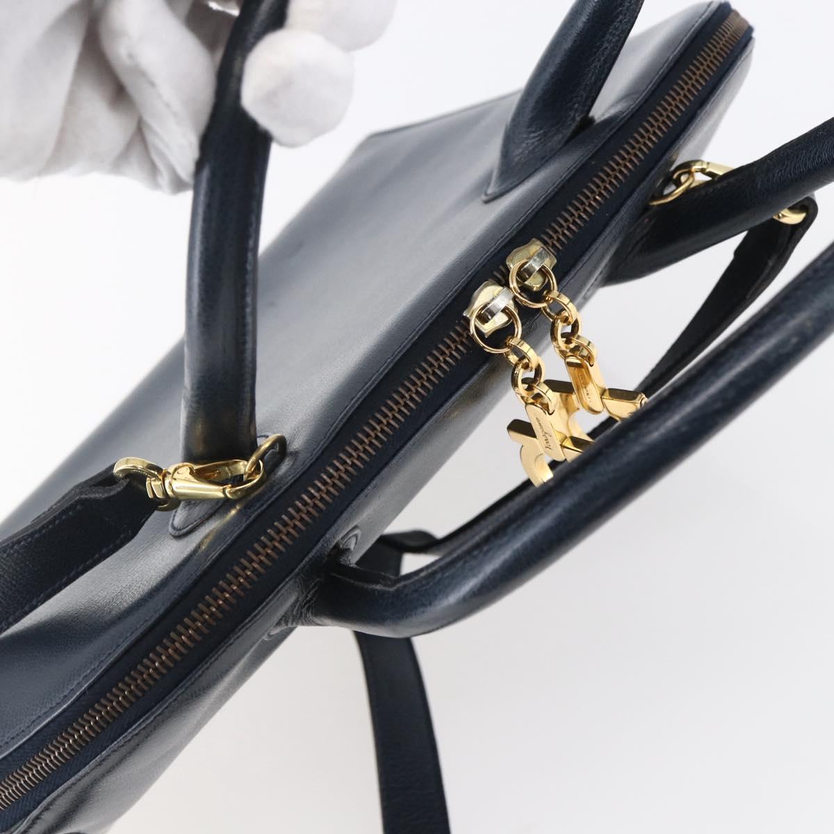 Salvatore Ferragamo Gancini Hand Bag Leather 2way Navy Gold Auth 149521