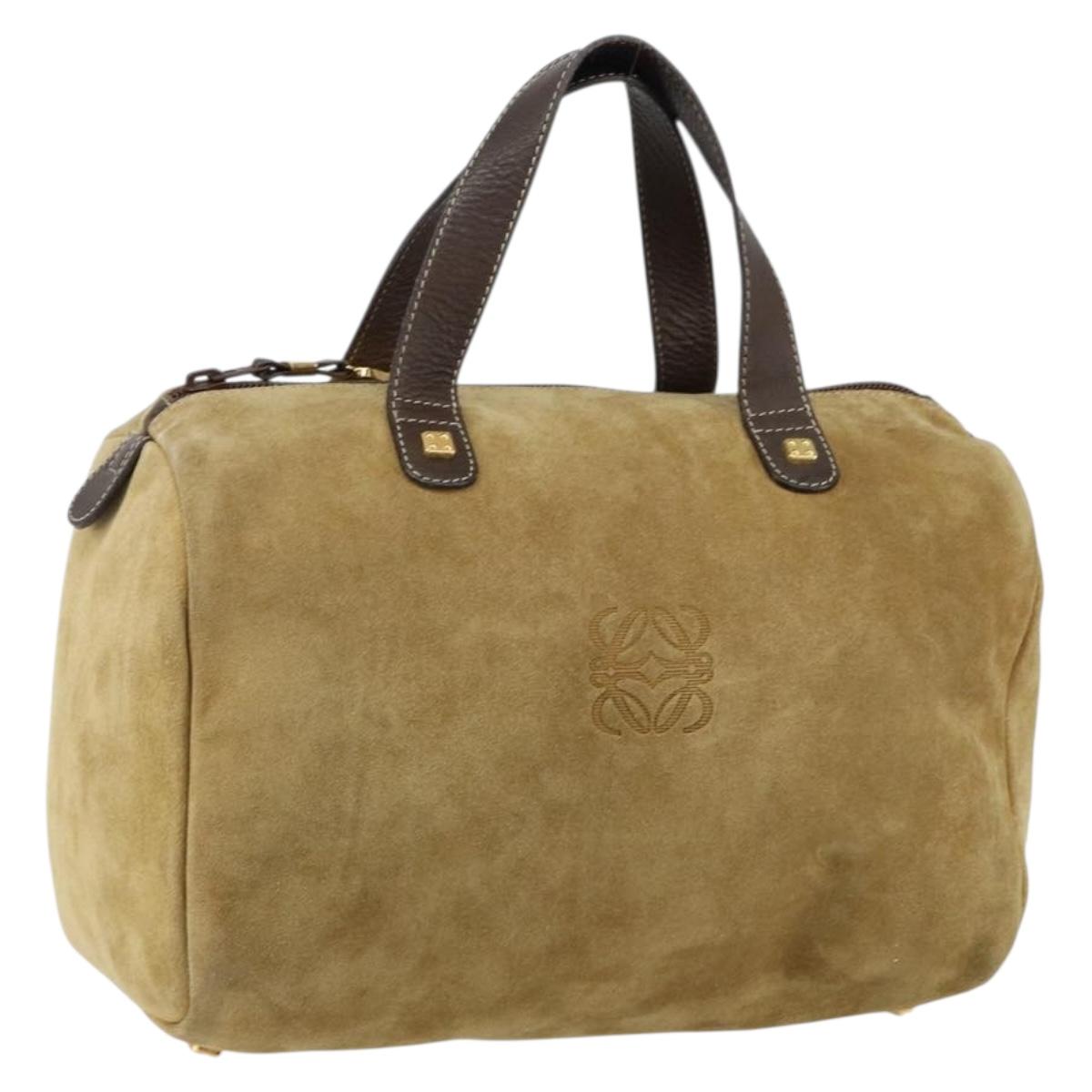 LOEWE Anagram Hand Bag Suede Leather Beige Gold Auth 149542