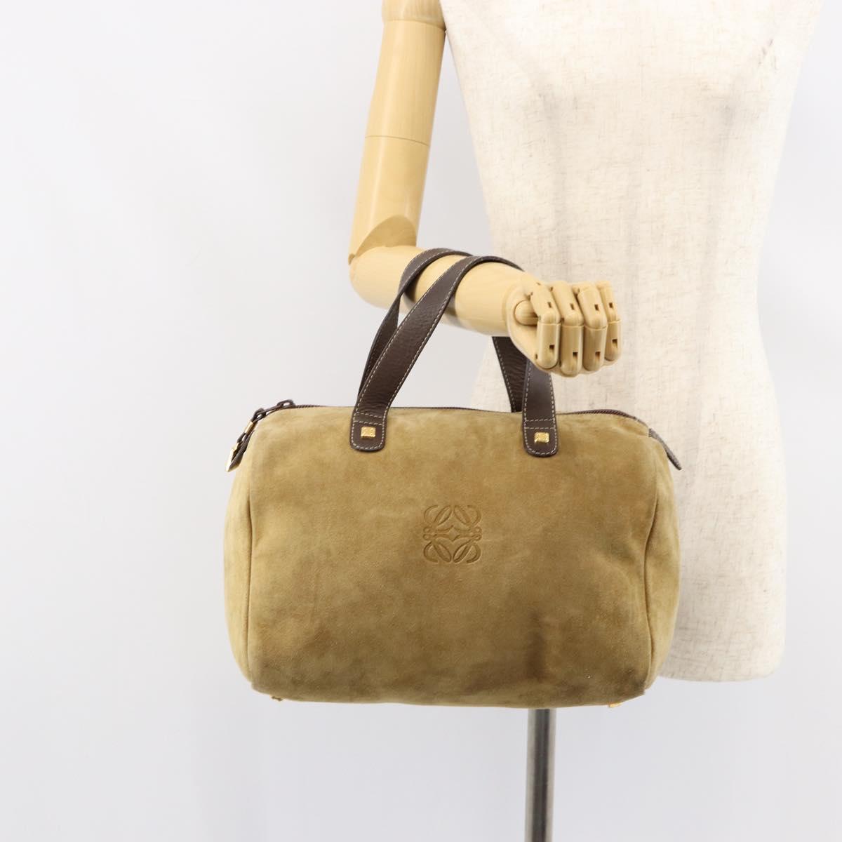 LOEWE Anagram Hand Bag Suede Leather Beige Gold Auth 149542