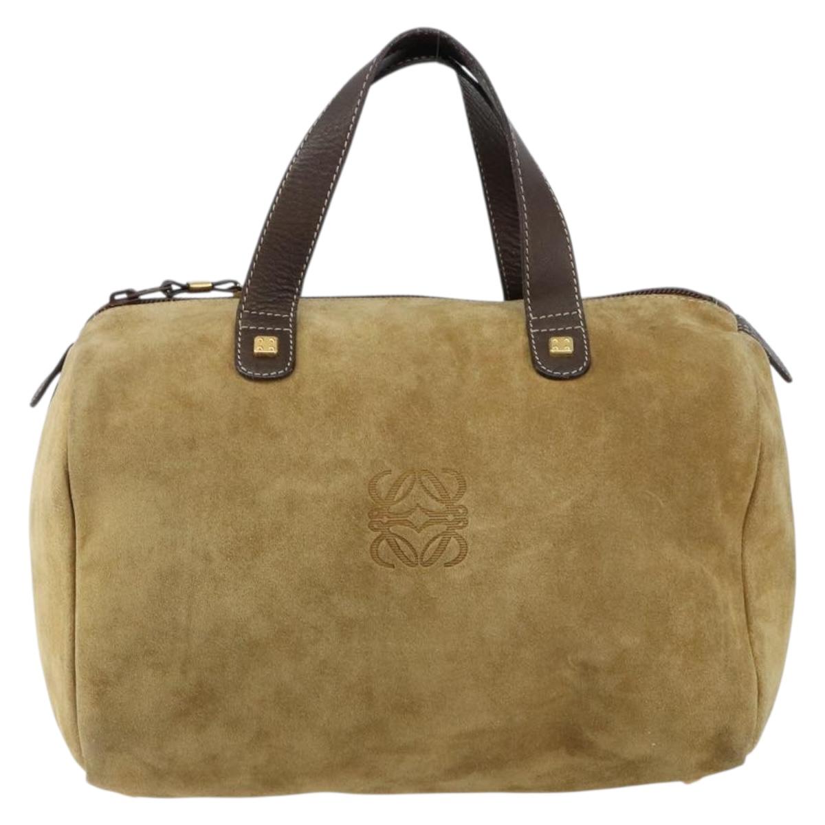 LOEWE Anagram Hand Bag Suede Leather Beige Gold Auth 149542