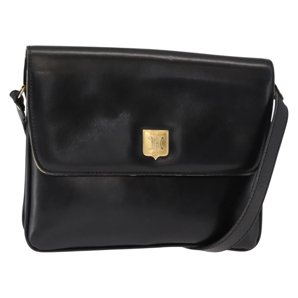 CELINE Shoulder Bag Leather Black Gold Auth 149543