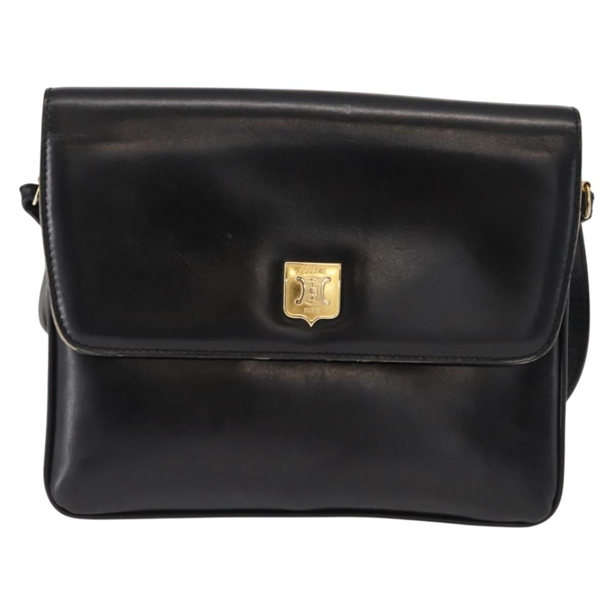 CELINE Shoulder Bag Leather Black Gold Auth 149543