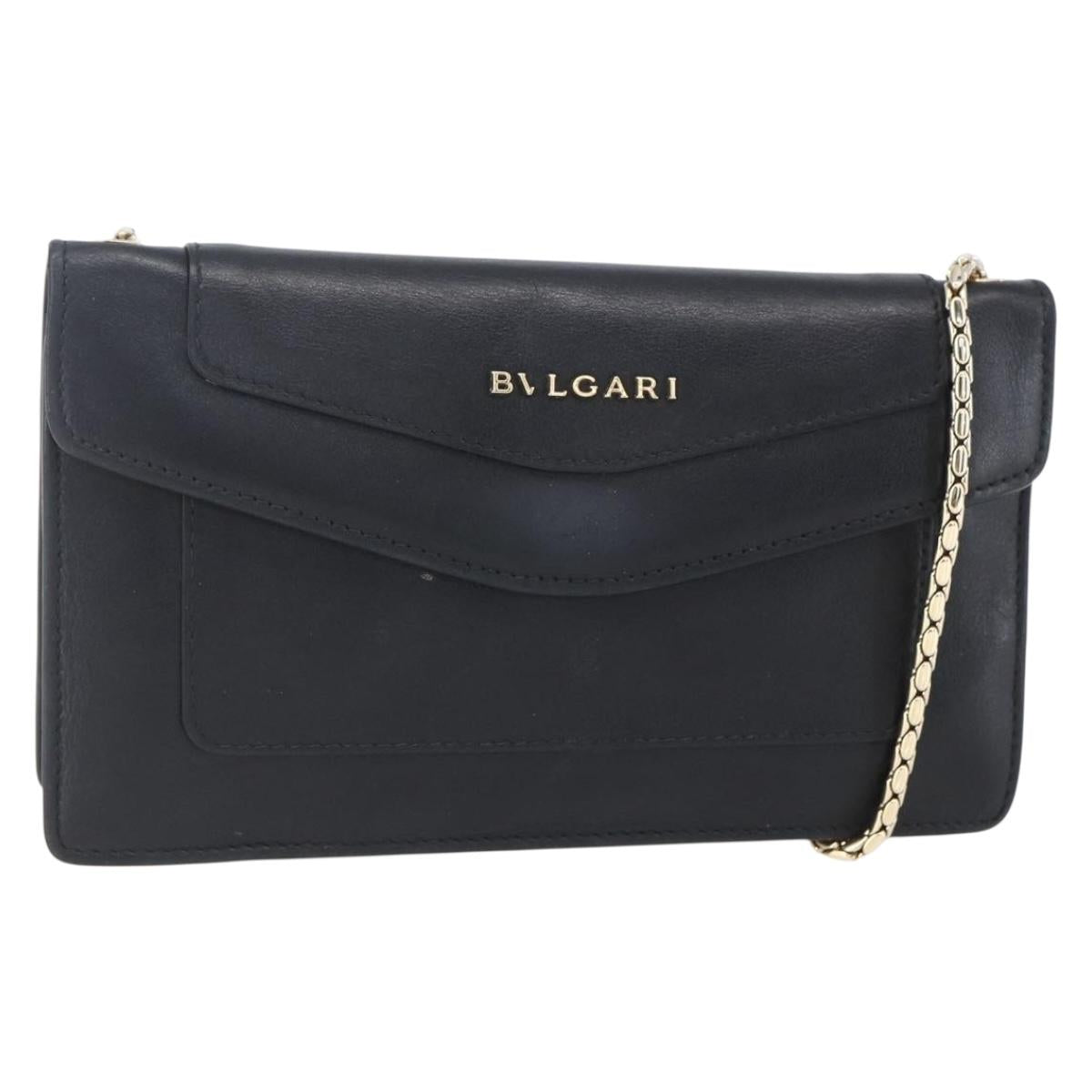 BVLGARI Chain Shoulder Bag Leather Black Gold Auth 149576