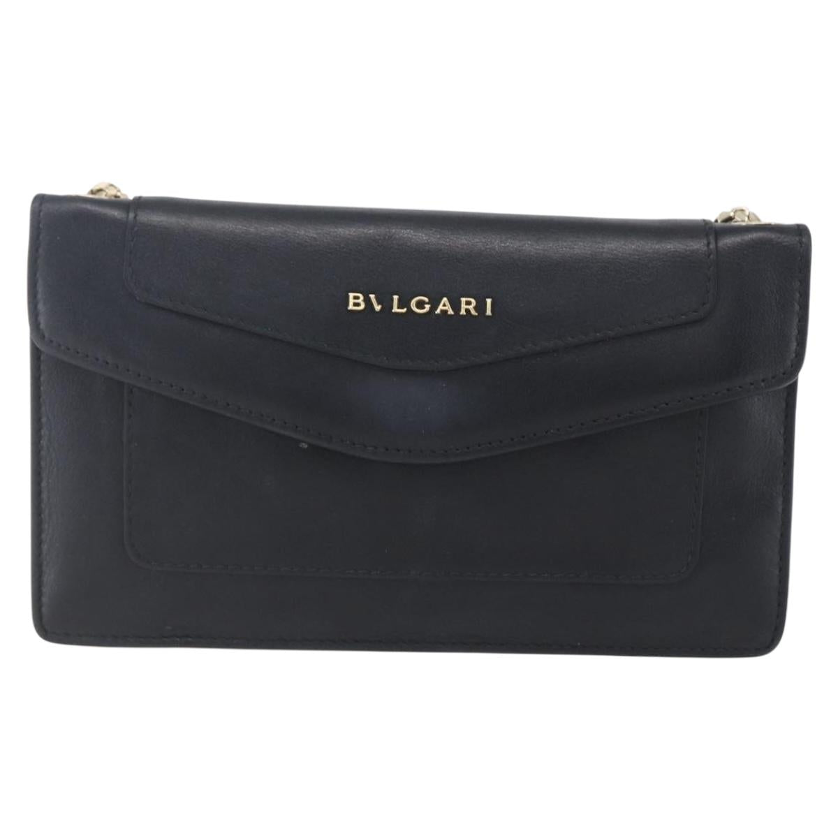 BVLGARI Chain Shoulder Bag Leather Black Gold Auth 149576