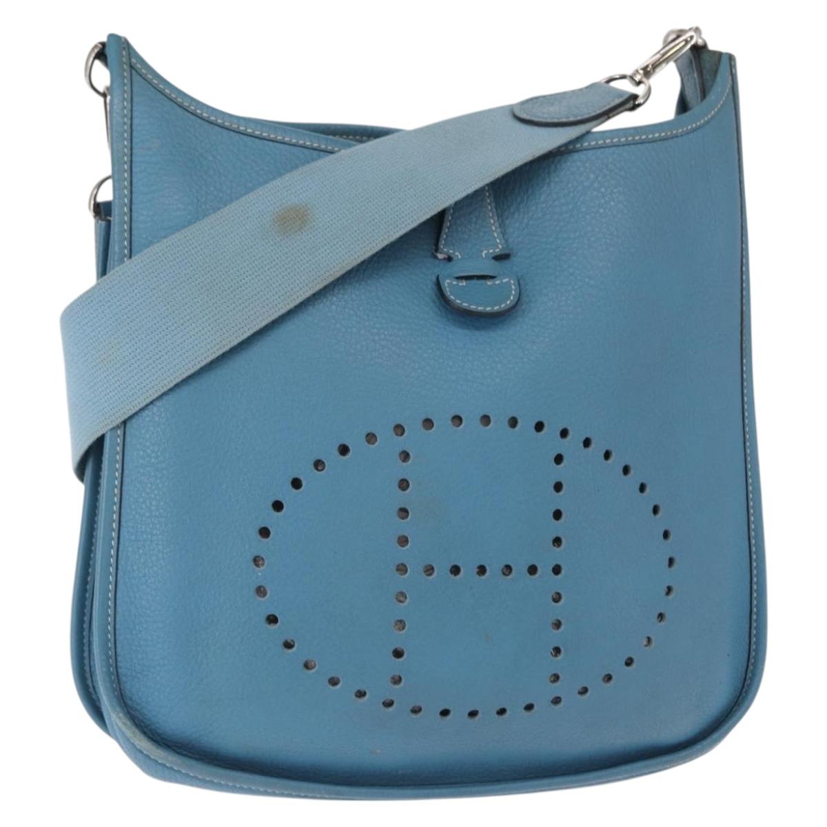 HERMES Evelyn 2 PM Shoulder Bag Leather Blue Silver Auth 149578