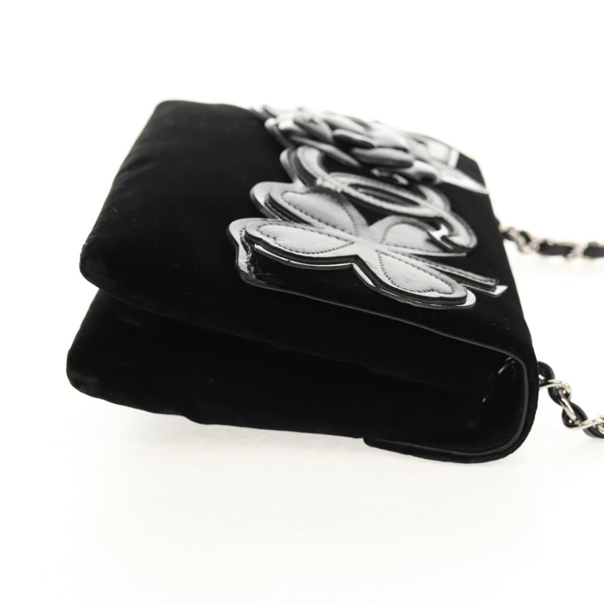 CHANEL Chain COCO Mark Camelia Shoulder Bag Velor Black Silver CC Auth 149585V