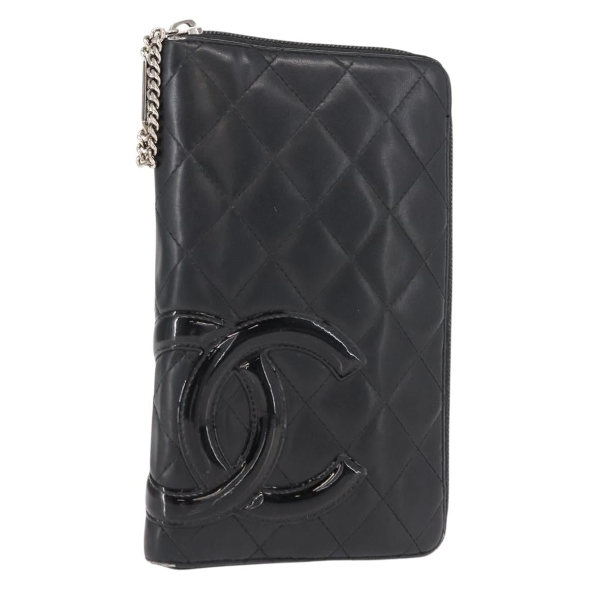 CHANEL Cambon Line Organizer Long Wallet Leather Black Silver CC Auth 149586