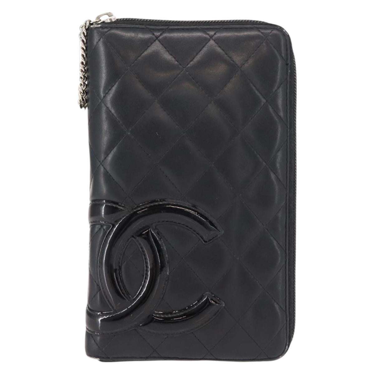 CHANEL Cambon Line Organizer Long Wallet Leather Black Silver CC Auth 149586