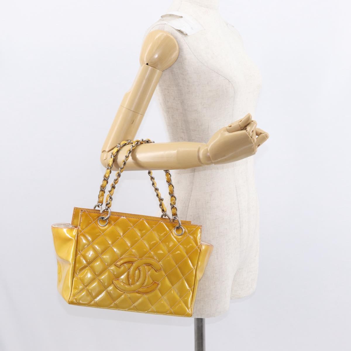 CHANEL Matelasse COCO Mark Chain Bag Patent leather Yellow Silver CC Auth 149641