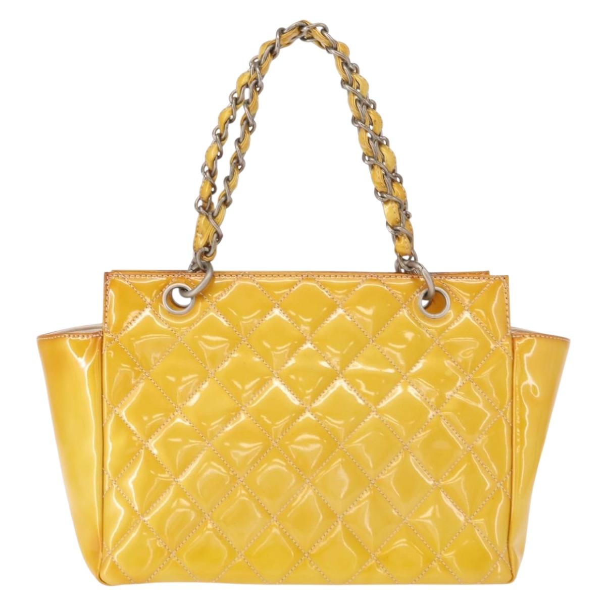 CHANEL Matelasse COCO Mark Chain Bag Patent leather Yellow Silver CC Auth 149641