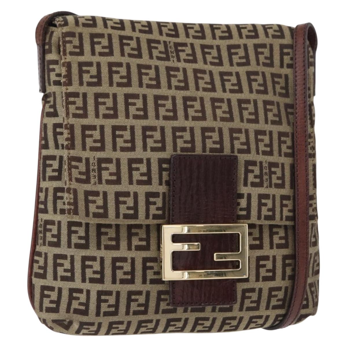 FENDI Zucchino Canvas Shoulder Bag Beige Gold Auth 149656