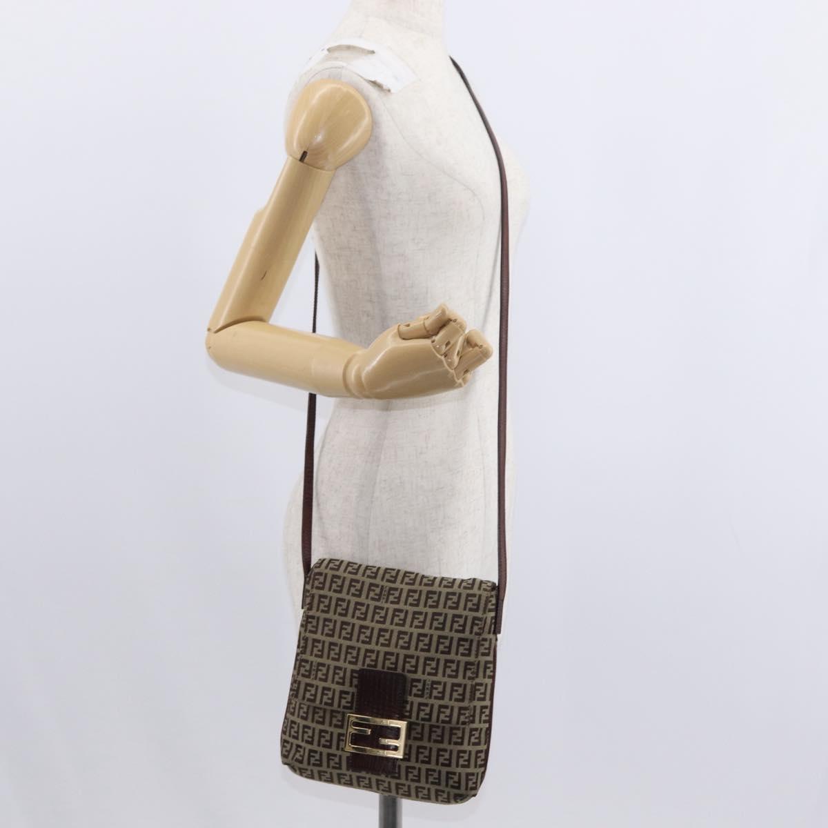 FENDI Zucchino Canvas Shoulder Bag Beige Gold Auth 149656