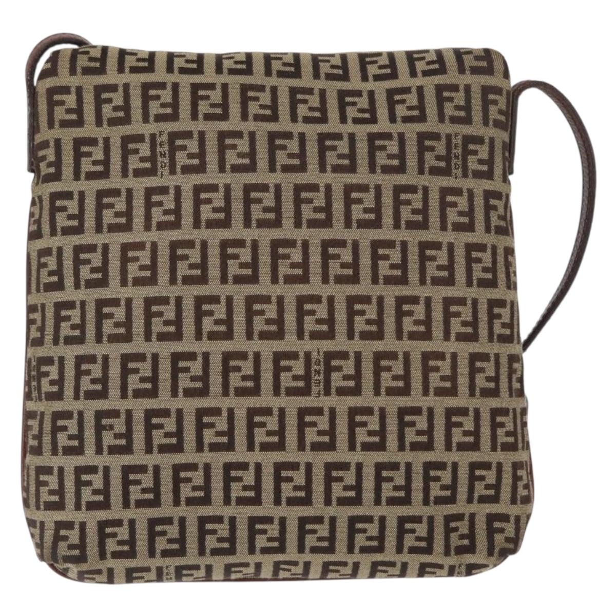 FENDI Zucchino Canvas Shoulder Bag Beige Gold Auth 149656