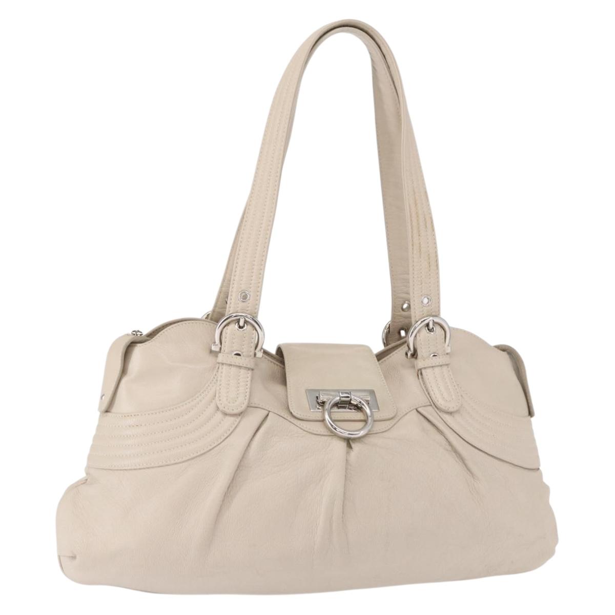 Salvatore Ferragamo Gancini Shoulder Bag Leather Silver White Auth 149671