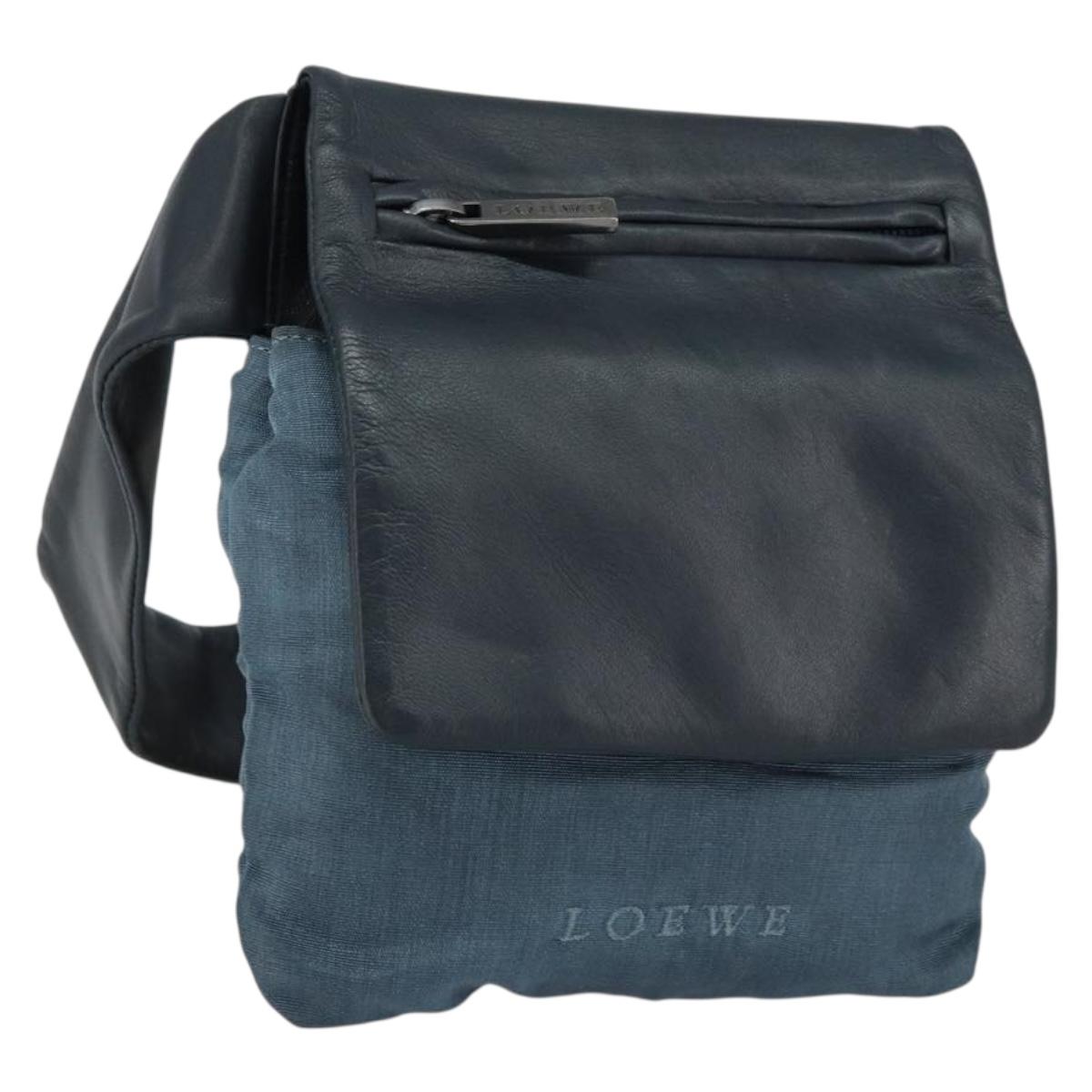 LOEWE Waist Bag Leather Navy Silver Auth 149698