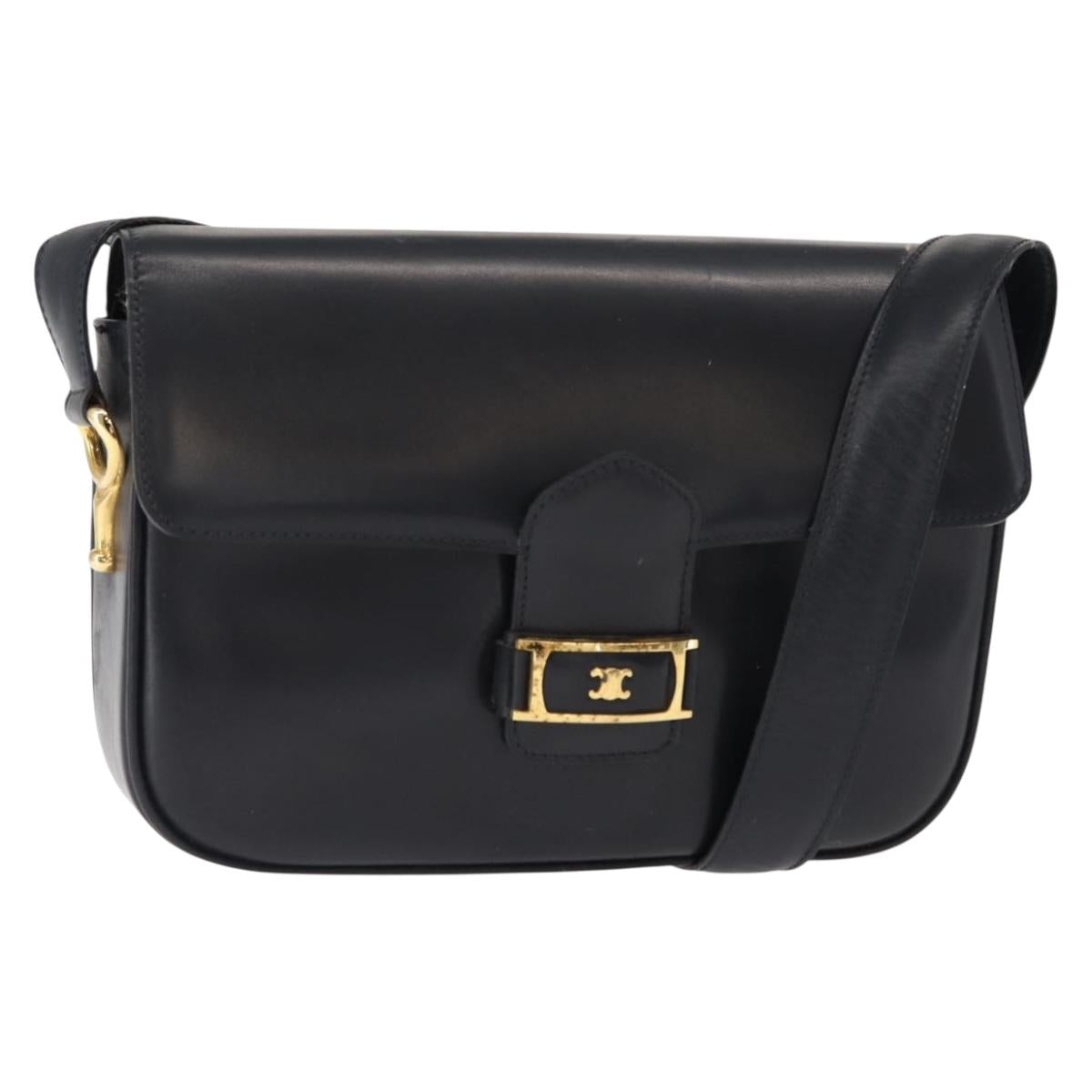 CELINE Shoulder Bag Leather Vintage Navy Gold Auth 149702