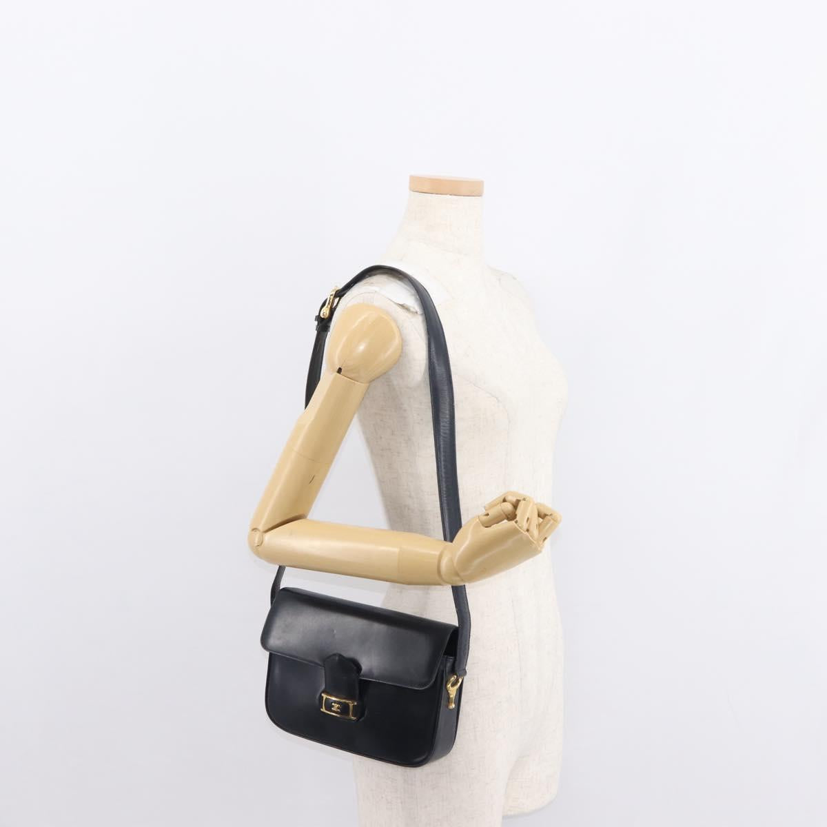 CELINE Shoulder Bag Leather Vintage Navy Gold Auth 149702