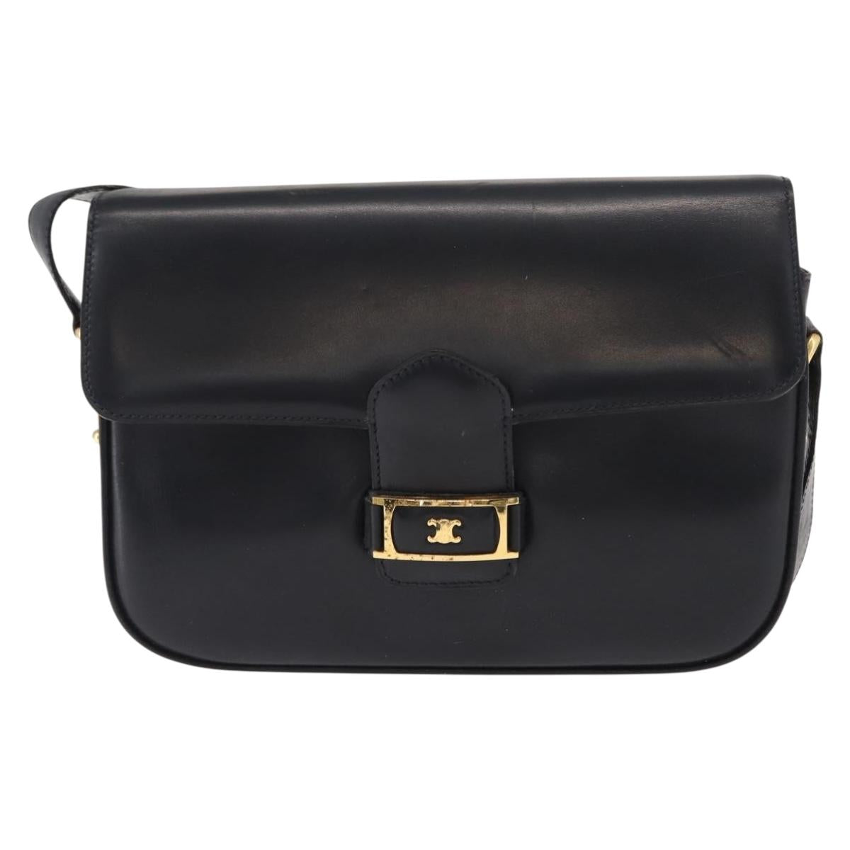 CELINE Shoulder Bag Leather Vintage Navy Gold Auth 149702