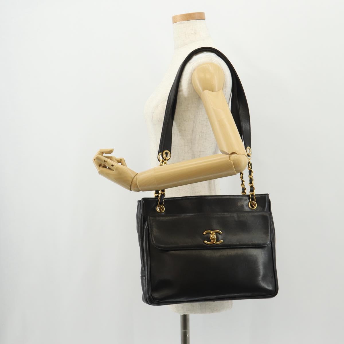 CHANEL Matelasse Big COCO Mark Chain Bag Lamb Skin Black Gold CC Auth 149721