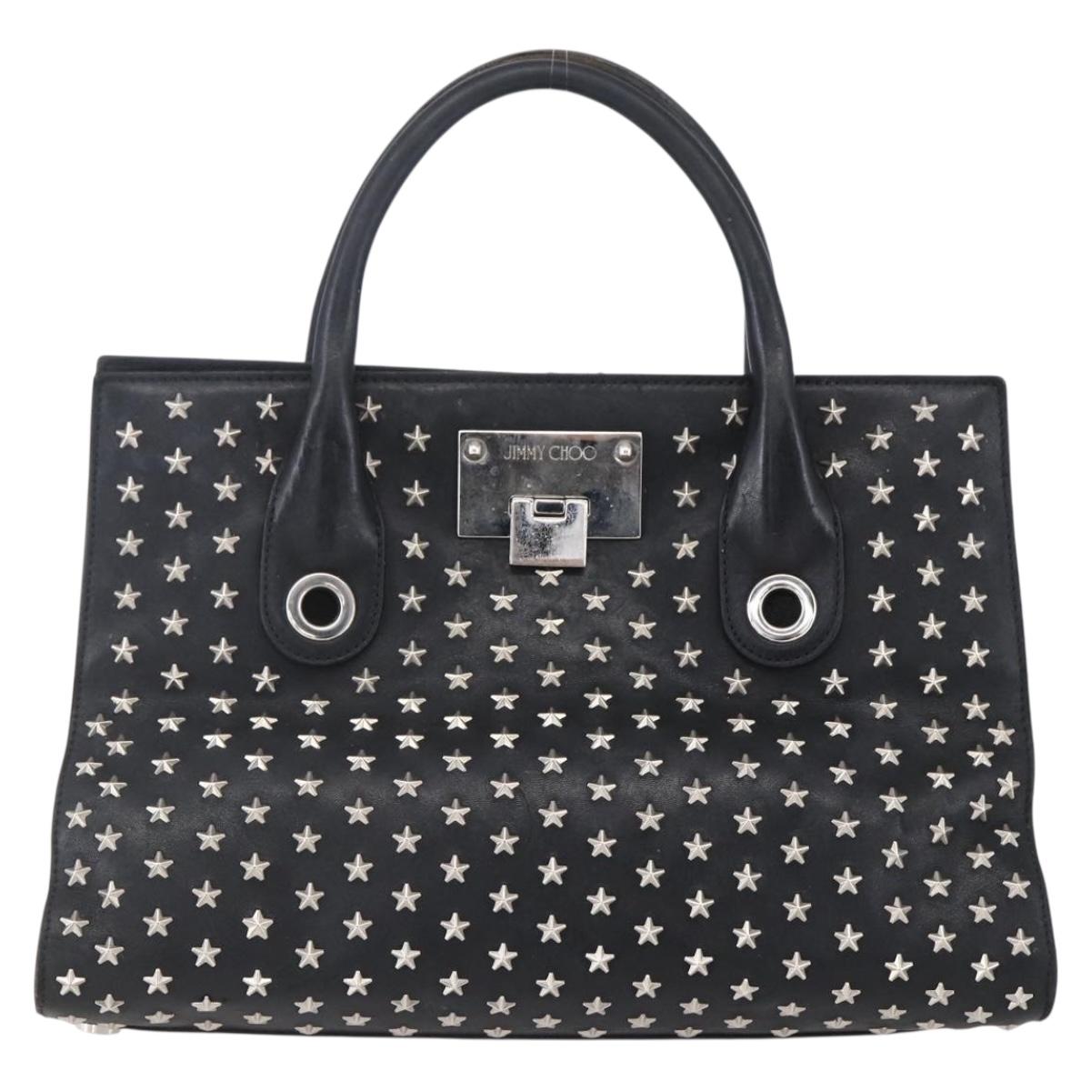 Jimmy Choo Studs Hand Bag Leather Black Silver Auth 149751
